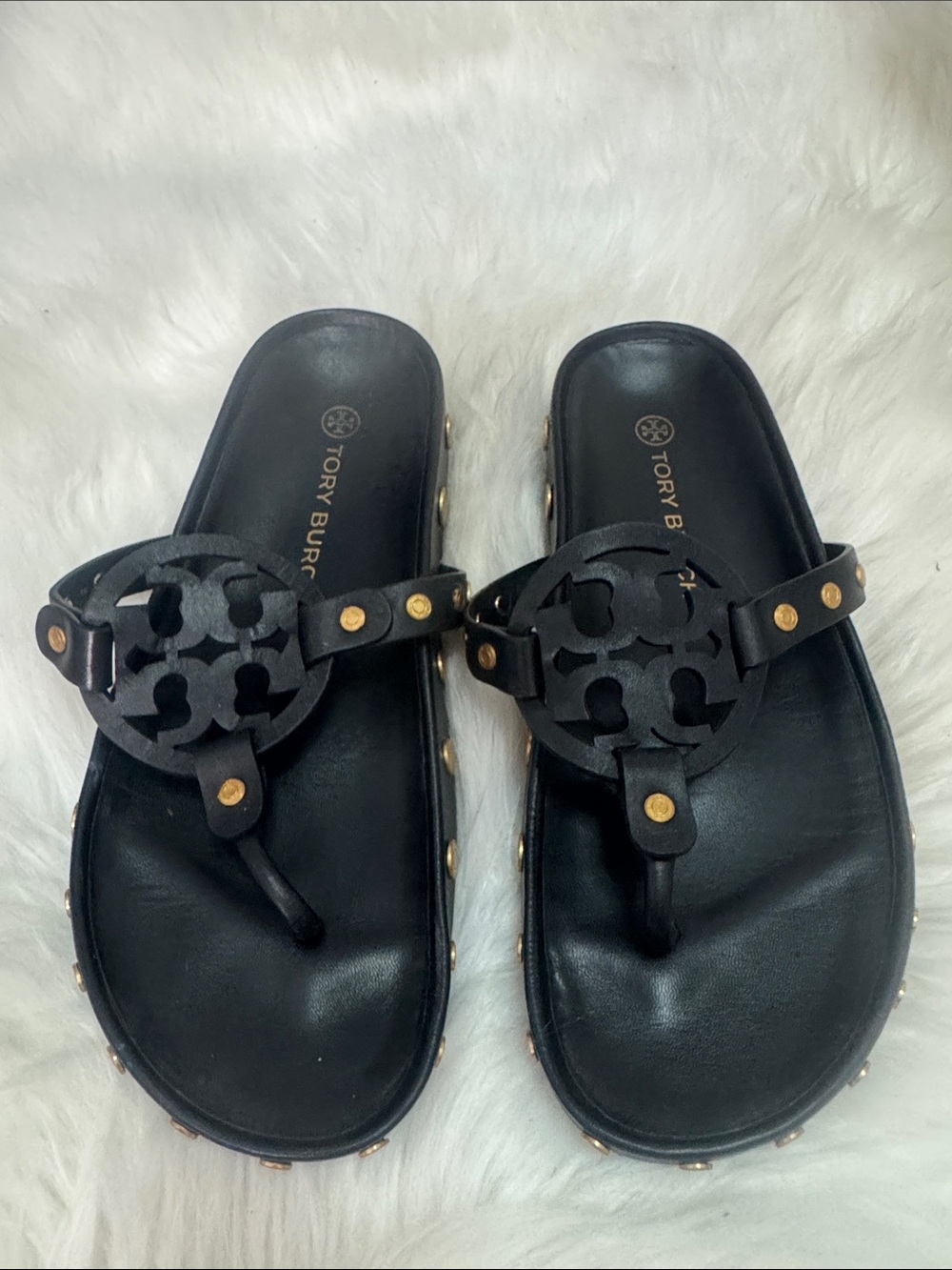 Tory Burch Black Logo Thong Sandals with Gold Studs